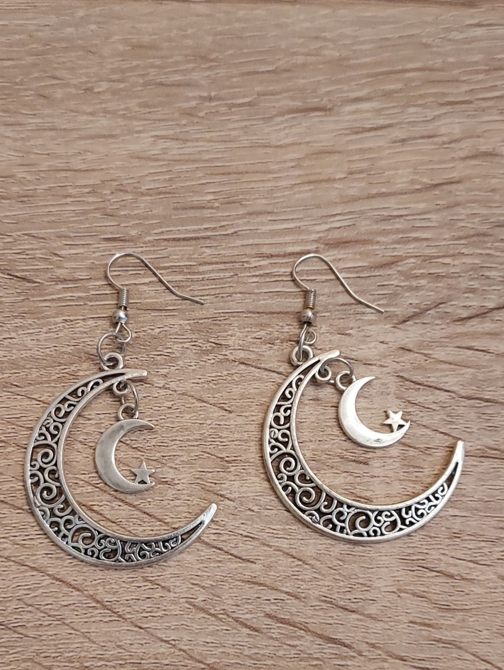 Silver Crescent Moon and Star Dangle Earrings